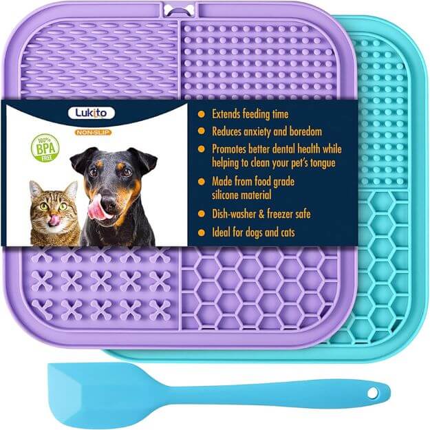 LUKITO Licking Mat for Dogs & Cats 2 Pack with Suction Cups, Dog Peanut Butter Lick Pads for Boredom Reducer, Perfect for Bathing Grooming (Blue&Purple+1 Spatula)