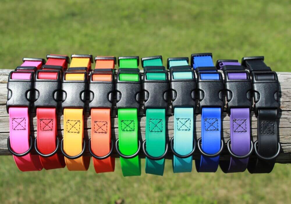 mulitiple rainbow colors of calming collars for dogs