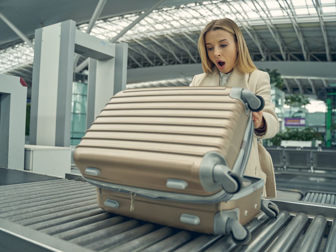 woman looking in carry on travel bag tsa security line