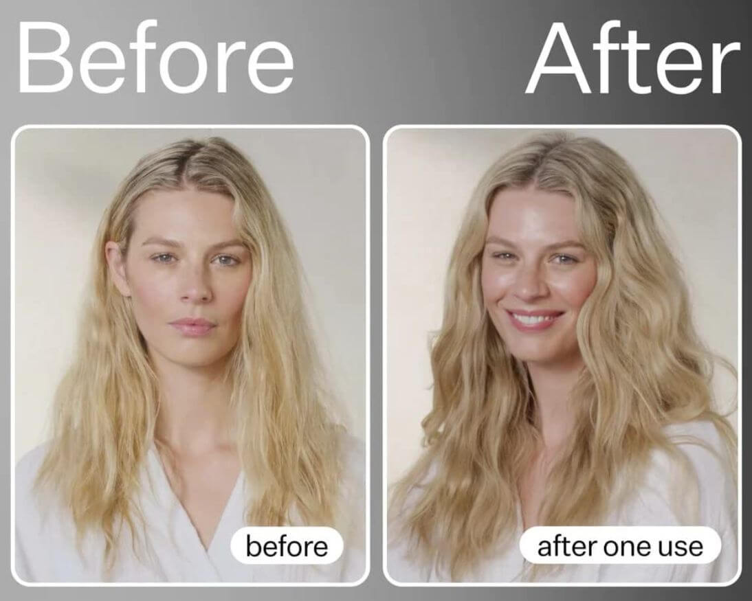 side by side comparison of blonde woman using unscented dry shampoo before and after