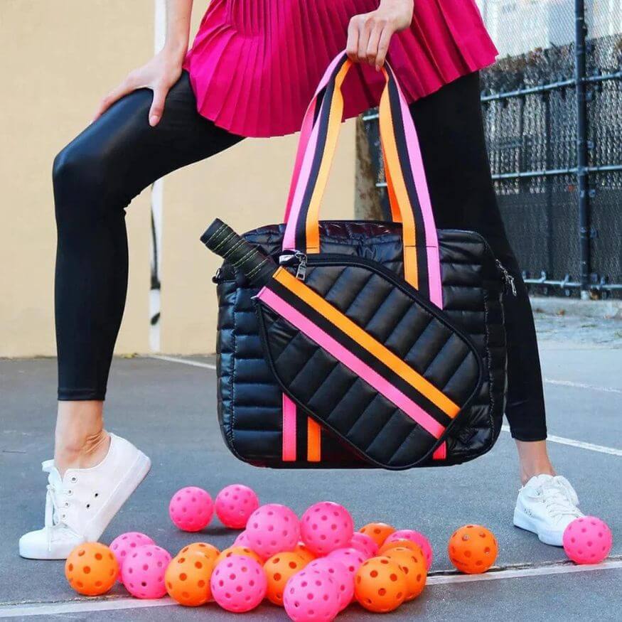 black puffer pickleball bag with orange and pink