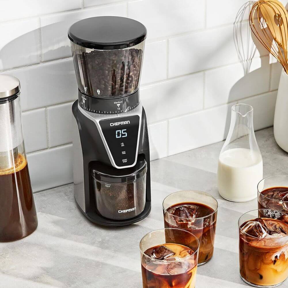 chefman grinder with 4 glasses with ice and espresso