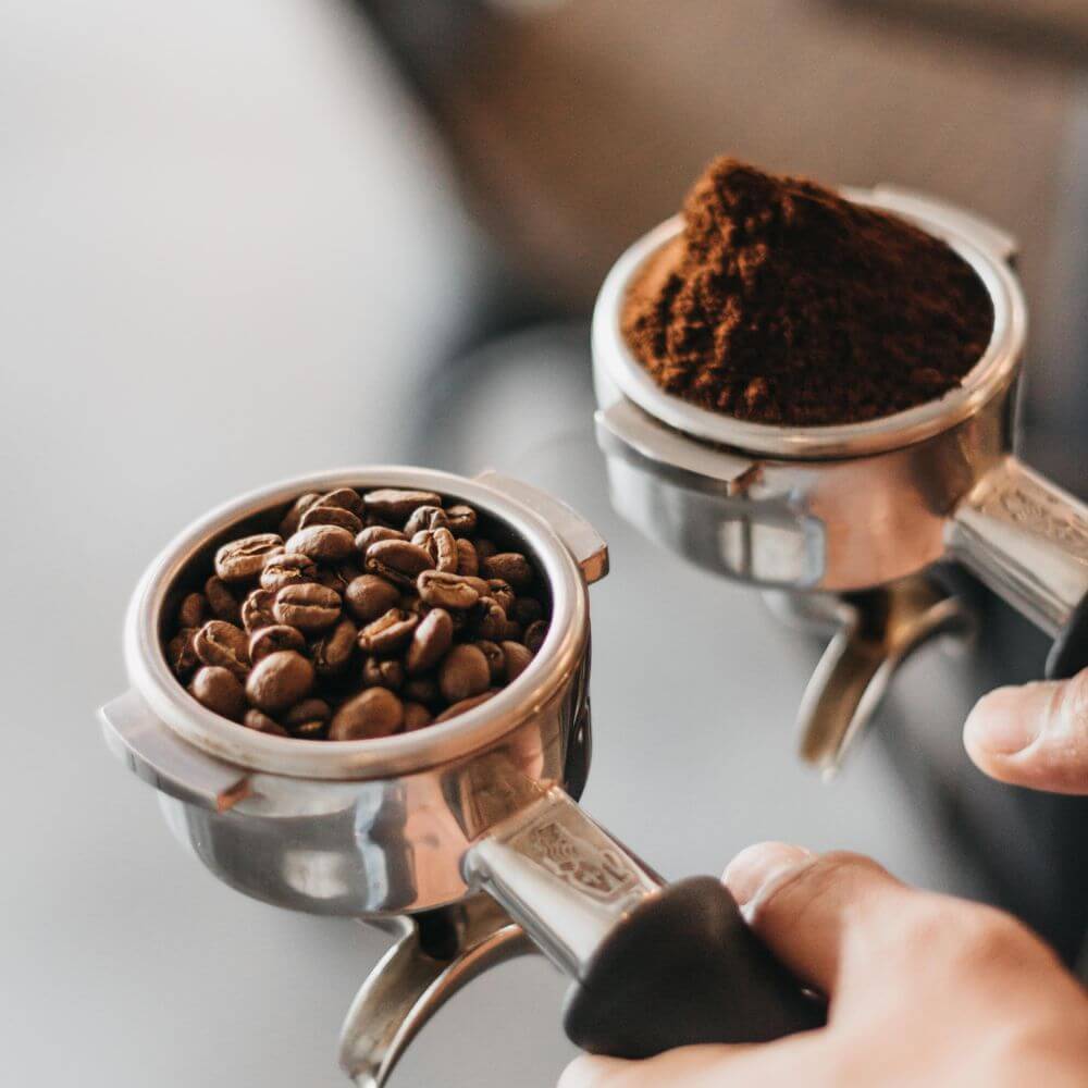 dual hand held filter for espresso, one ground and one whole beans