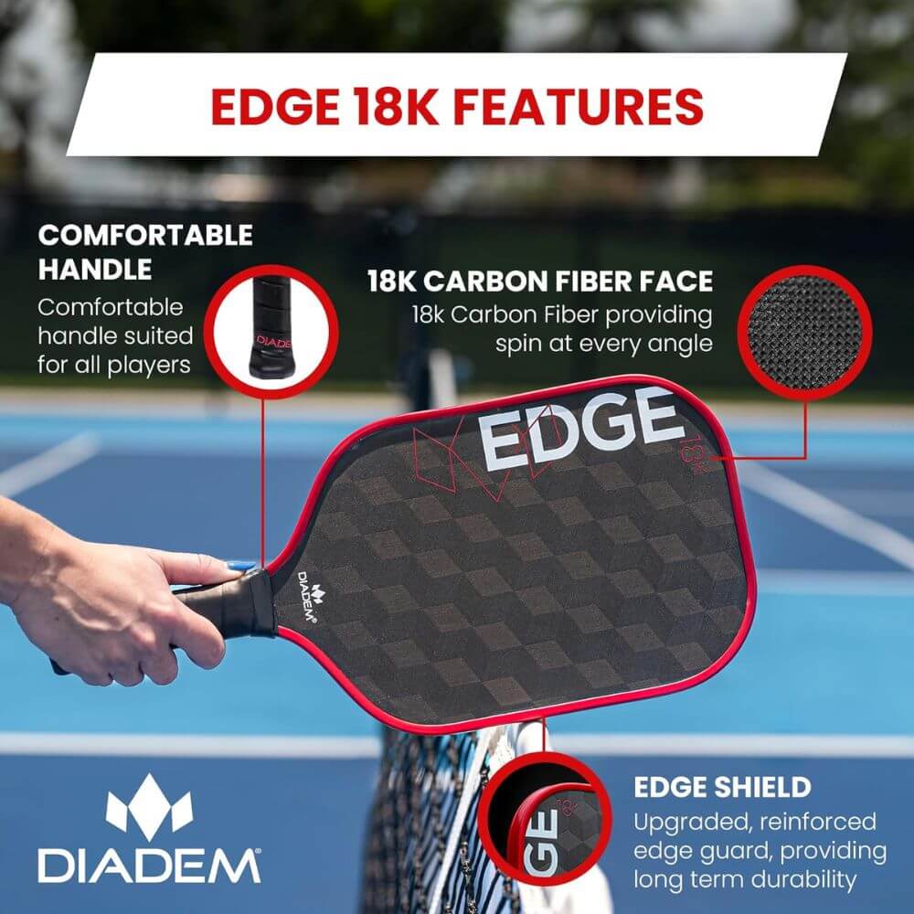 Diadem Sports Diadem Edge 18K Pickleball Paddle USAPA Approved | 18K Carbon Fiber Face for Spin & Control | 16mm Control Paddle